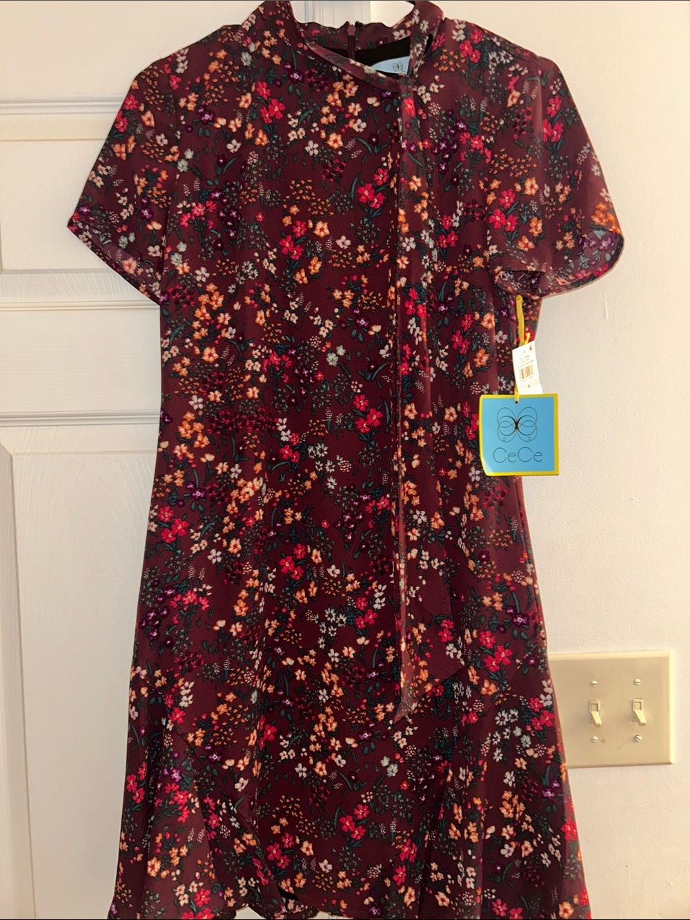 CeCe Burgundy Floral Tie-Detail A-Line Dress